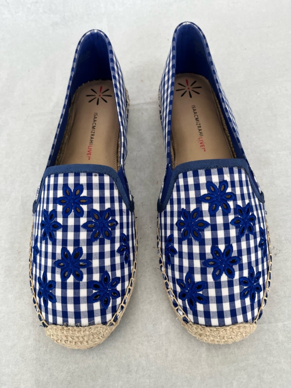 Isaac Mizrahi Blue Gingham Floral Embroidered Espadrille Flats